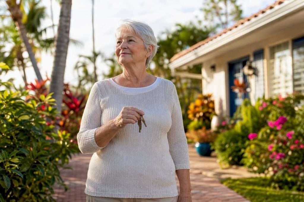 Senior widow holding house keys on porch