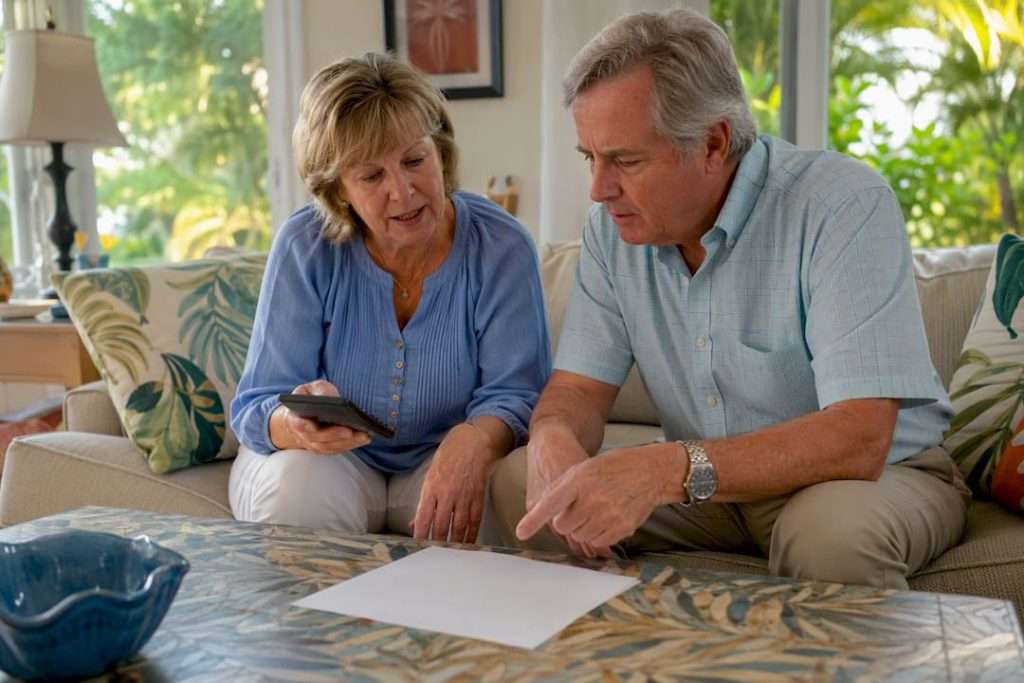 Senior couple calculating mortgage options