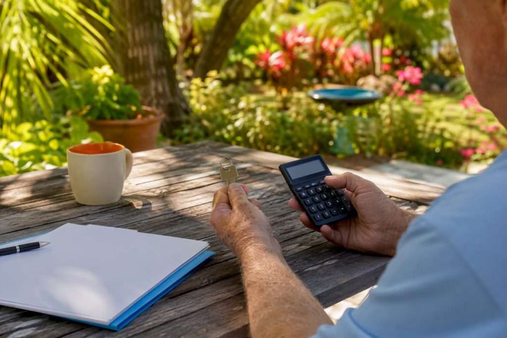 Senior hands holding house key and calculator